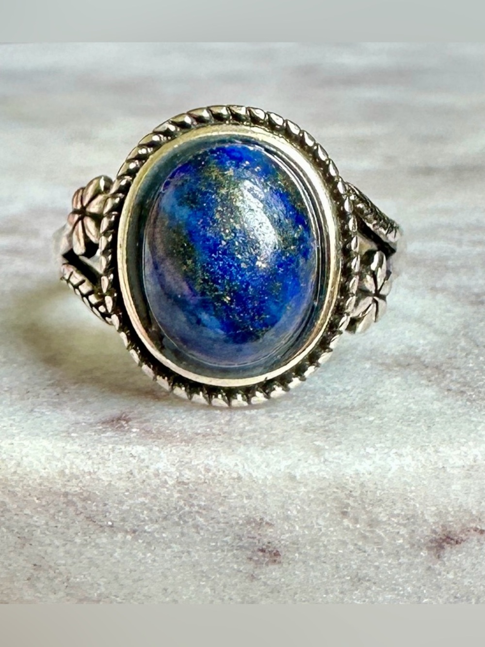 Genuine Lapis Lazuli Statement Ring Sterling Silver Vintage Style Setting Size 6